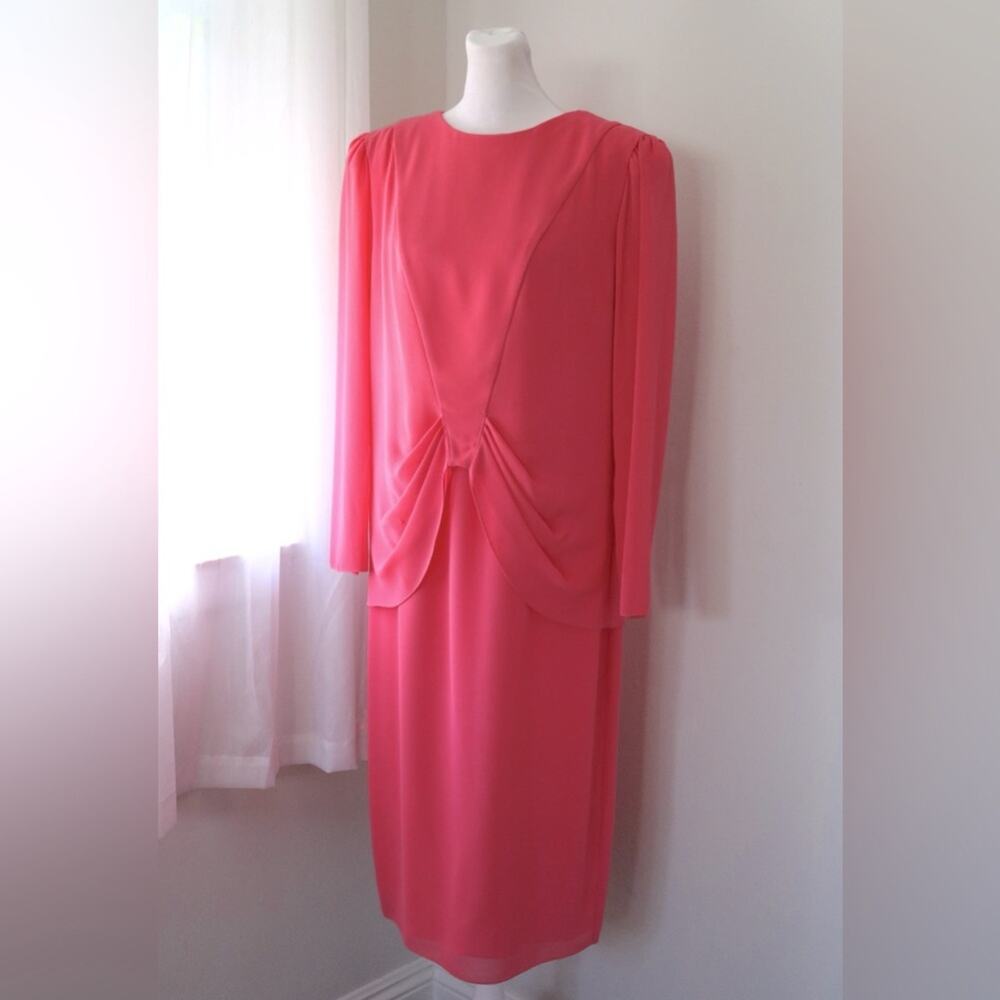 Vintage ‘90s Ursula of Switzerland Coral Rouched Waist Long Sleeve Midi Dress